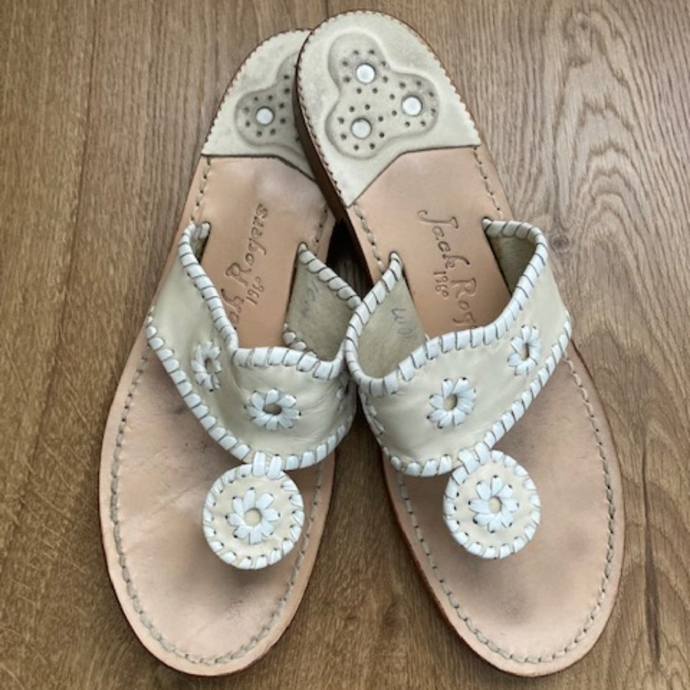 Jack Rogers Cream/White Flat Leather Thong Sandals - Size 10M